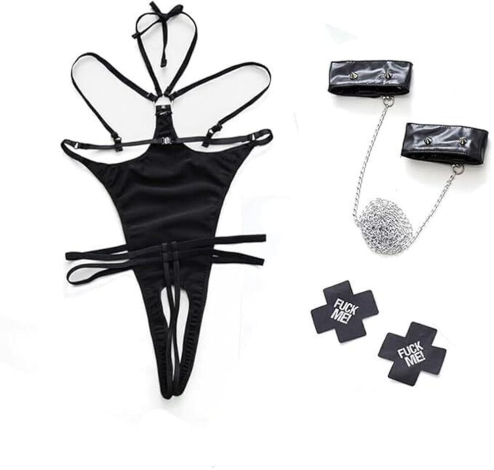 6933 gothic-style lingerie - black and white cross-strap jumpsuit with open